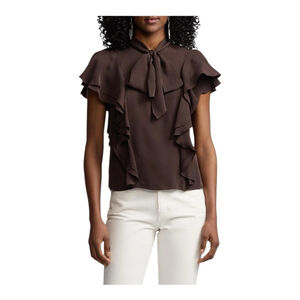 Women's Ralph Lauren Purple Label Brown Malen Silk Blend Tie-Neck Blouse Size 0